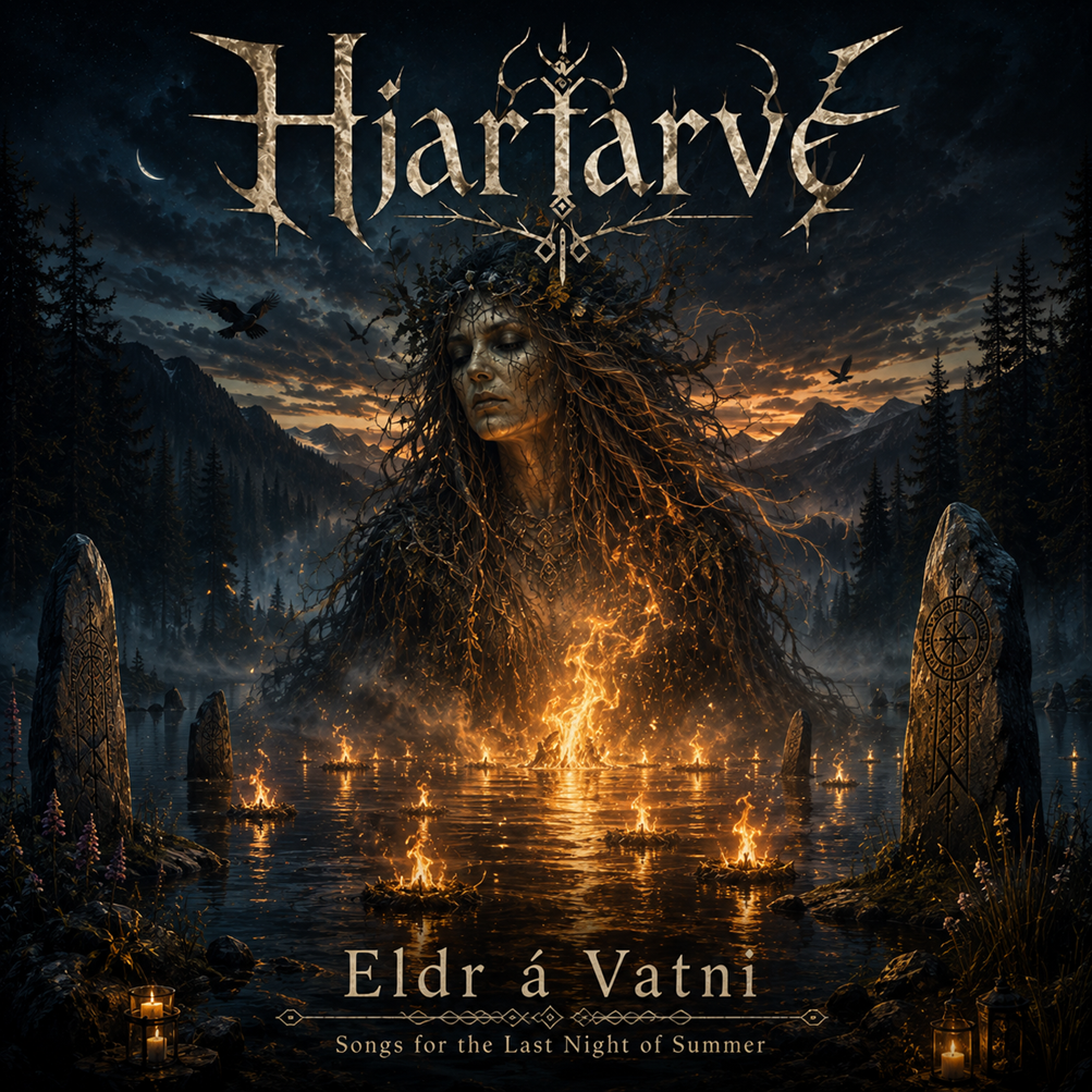 Eldr á Vatni (Songs for the Last Night of Summer) — Hjartarvé. A vast forest-mother of root and ember rises from a twilight lake, eyes closed, a bonfire blazing at her breast while floating fires drift across the water between rune-carved standing stones, ravens circling over pine-dark shores beneath a crescent moon.